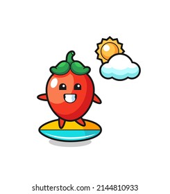 Illustration of chili pepper cartoon do surfing on the beach , cute design