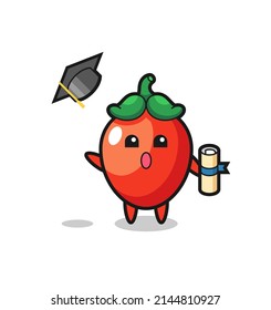Illustration of chili pepper cartoon throwing the hat at graduation , cute design