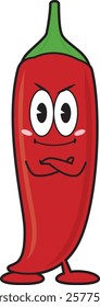 Illustration of a chili pepper character with arms crossed