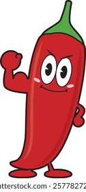 Illustration of a chili pepper character doing a fist pump