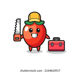Illustration of chili pepper character as a woodworker , cute design