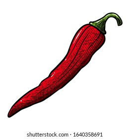 Illustration of chili pepper in engraving style. Design element for logo, label, sign, emblem, poster. Vector illustration