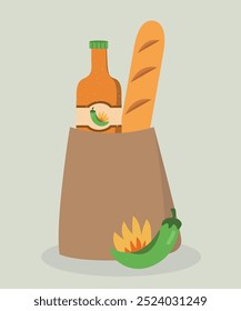 Illustration with Chili Pepper Sauce, Baguette Bread at Paper Bag
