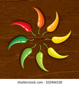 Illustration of chili peppers on the wooden background
