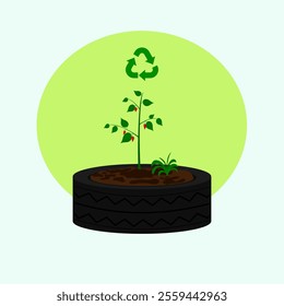 An illustration of a chili plant growing in a repurposed used tire filled with soil, symbolizing recycling and sustainable gardening. A green recycling symbol is displayed above the plant.
