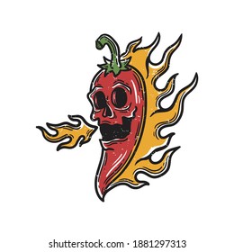 
illustration of chili with a skull face spitting fire from its mouth