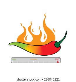 Illustration of chili spice meter - different color stages green for mild, yellow orange for medium and red for hot