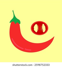 illustration of Chili vegetable with a slice of fresh red chili with seeds. Flat art design style