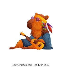 An illustration of a chill capybara, dressed as a hippie, is laying and playing ukulele, wearing round glasses and a headband with flowers and feathers.