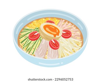 An illustration of chilled Chinese noodles served on a plate.