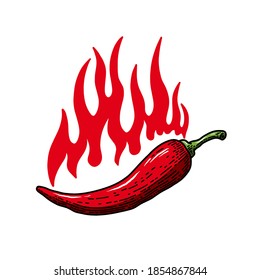 illustration of chilli peppers with flame of fire in engraving style. Design element for emblem, sign, poster, card, banner, flyer. Vector illustration