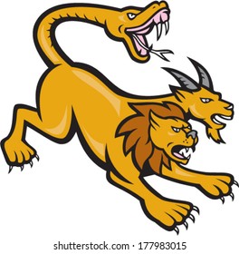 Illustration Of A Chimera, Mythical Creature Of Greek Mythology A Lion, With The Head Of A Goat Arising From Its Back, A Tail That Ended In A Snake's Head Done In Cartoon Style On Isolated Background.