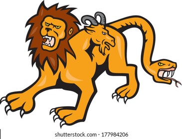 Illustration of a Chimera, mythical creature of Greek mythology as a lion with the head of a goat and a tail that ended in a snake's head viewed from side done in cartoon style on isolated background.