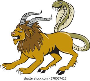 Illustration of a Chimera, mythical creature of Greek mythology depicted as a lion, with the head of a goat arising from its back, tail with snake's head done in cartoon style on isolated background.