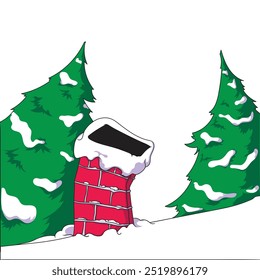 illustration of a chimney on a snow-covered roof and two fir trees behind it. Christmas atmosphere