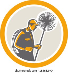 Illustration of a chimney sweep holding sweeper and rope viewed from side set inside circle on isolated background done in retro style.