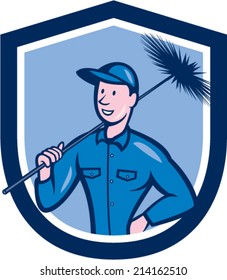 Illustration of a chimney sweep holding sweeper set inside shield crest on isolated background done in cartoon style. 