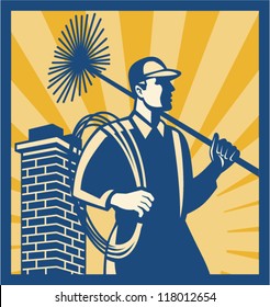 Illustration of a chimney sweeper cleaner worker with sweep broom viewed from side with chimney stack set inside square done in retro style.