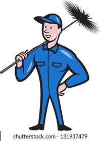 Illustration of a chimney sweeper cleaner worker with sweep broom viewed from front done in cartoon style.