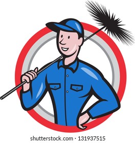 Illustration of a chimney sweeper cleaner worker with sweep broom viewed from front set inside circle done in cartoon style.