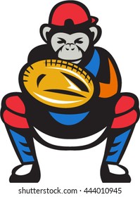 Illustration of chimpanzee baseball player catcher with baseball mitt glove viewed from front set on isolated white background done in retro style. 