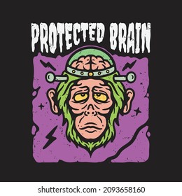 illustration of chimpanzee with brain protected in glass jar on black background