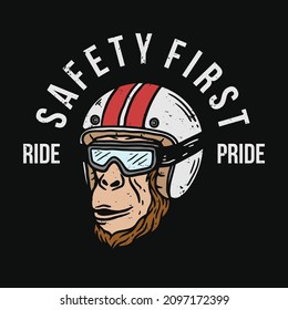 illustration of a chimpanzee wearing a helmet and riding glasses in vintage style