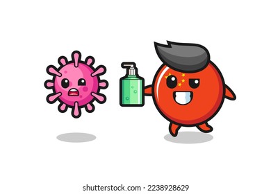illustration of china flag badge character chasing evil virus with hand sanitizer , cute style design for t shirt, sticker, logo element