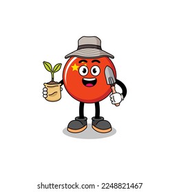 Illustration of china flag cartoon holding a plant seed , character design