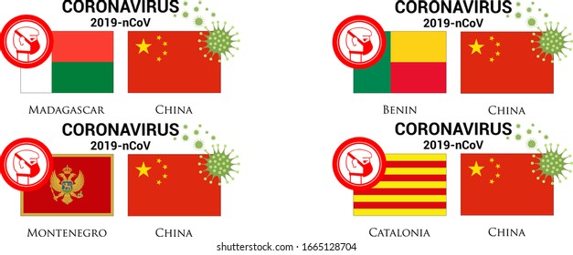Ilustración de la bandera china con gérmenes o virus (coronavirus o covid-19) y mascarilla respiratoria. 