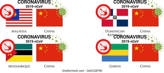 Ilustración de la bandera china con gérmenes o virus (coronavirus o covid-19) y mascarilla respiratoria. 