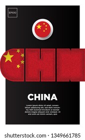 Illustration of China flag made of three country abbreviations letter with grunge sponge effect.