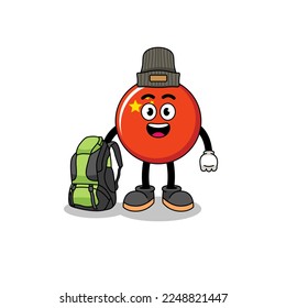Illustration of china flag mascot as a hiker , character design