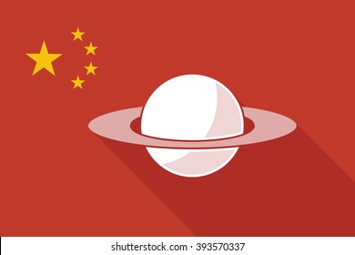 Illustration of a China long shadow flag with the planet Saturn