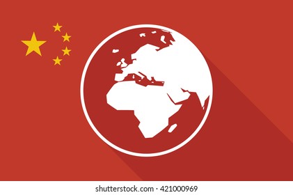 Illustration of a China long shadow flag with    an Asia, Africa and Europe regions world globe