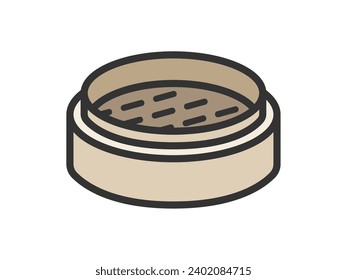 Illustration of a Chinese bamboo steamer icon (color line drawing).