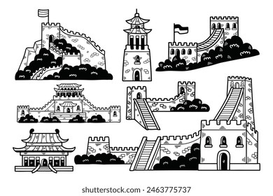 Eine Illustration chinesischer Gebäude und der Großen Mauer Hand im Linienstil gezeichnet.