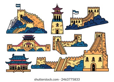 a Illustration of Chinese buildings and the Great Wall Hand drawn in line style.