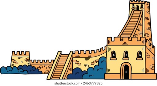 a Illustration of Chinese buildings and the Great Wall Hand drawn in line style.