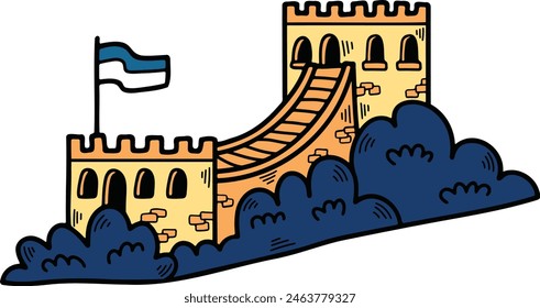 a Illustration of Chinese buildings and the Great Wall Hand drawn in line style.