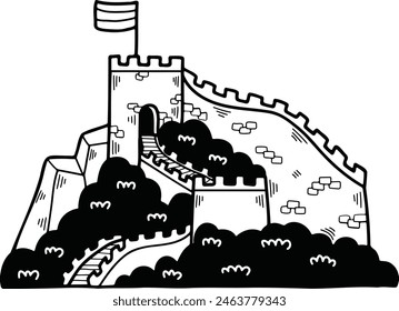 a Illustration of Chinese buildings and the Great Wall Hand drawn in line style.