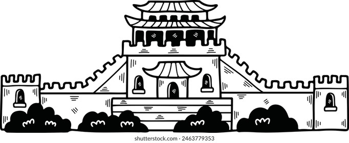 a Illustration of Chinese buildings and the Great Wall Hand drawn in line style.