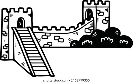 a Illustration of Chinese buildings and the Great Wall Hand drawn in line style.