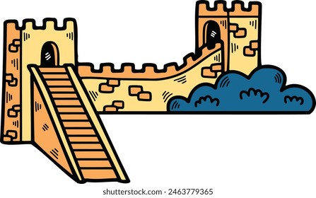 a Illustration of Chinese buildings and the Great Wall Hand drawn in line style.