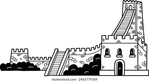 a Illustration of Chinese buildings and the Great Wall Hand drawn in line style.