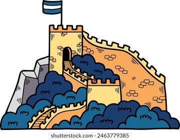 a Illustration of Chinese buildings and the Great Wall Hand drawn in line style.