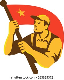 Illustration Of A Chinese Communist Worker Holding Waving Red Flag With Star Done In Retro Style.