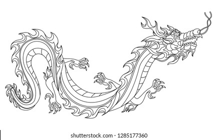 Illustration of Chinese dragon. Coloring page for printing and drawing. Traditional China symbol. Asian mythological black animal.