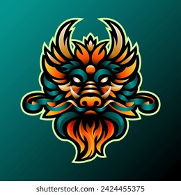 Illustration of a Chinese dragon head with colors reminiscent of sky and fire, is a suitable illustration to symbolize power and authority.