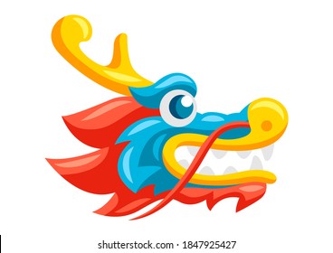 Illustration of Chinese dragon head. Mascot or tattoo. Traditional China symbol. Asian mythological animal.